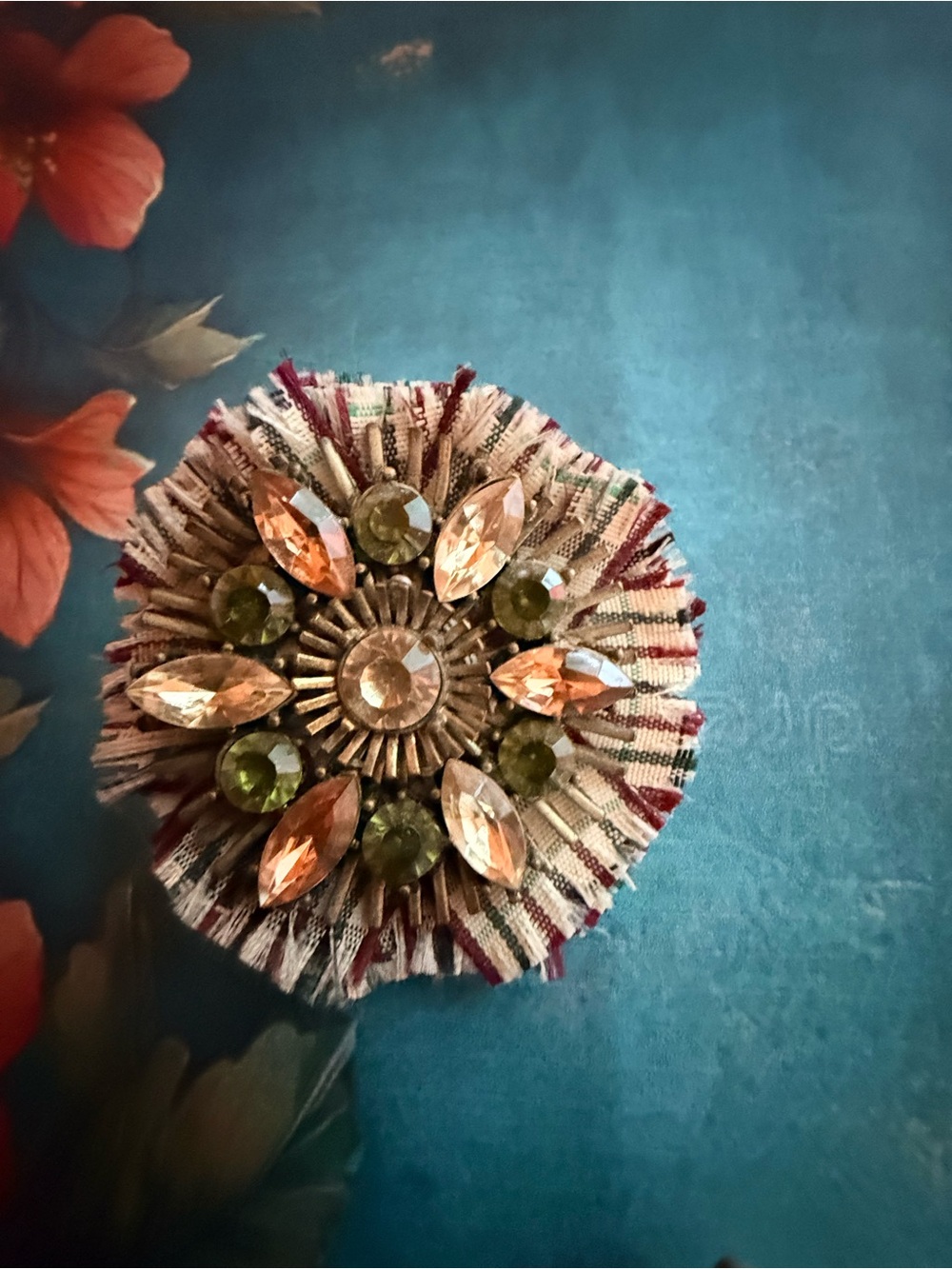 LOFT Floral Fabric Brooch with Peach and Olive Rhinestones and fabric.